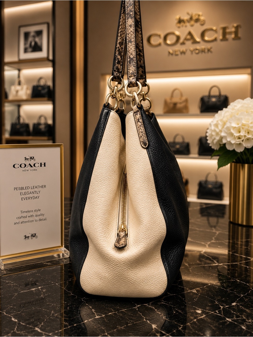Coach Black & Cream Pebbled Leather Shoulder Hobo with snake print handles - Picture 3 of 15